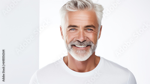 Phot portrait of a handome mature man smiling with clean teeth for a dental ad on white background