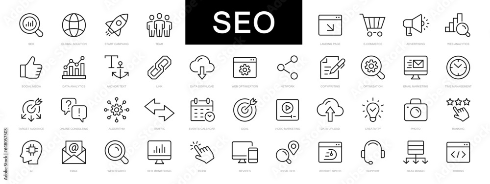 SEO - Search Engine Optimization thin line icons set. SEO icon collection. Web Development and Optimization icons. Search symbol. Editable stroke icons. Vector