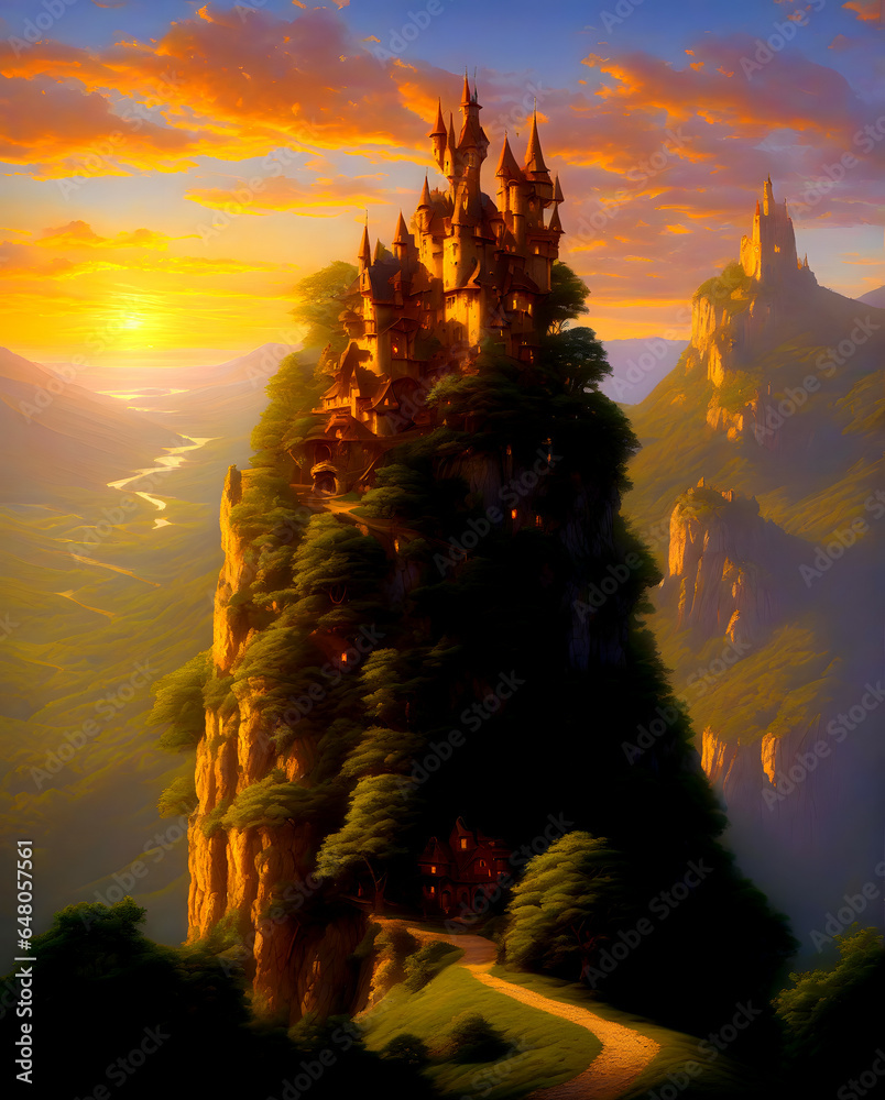 Ai generated illustration of a fantasy castle on top of a mountain ...