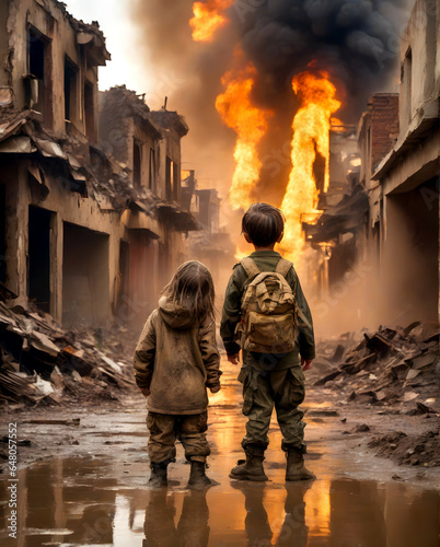Children going to school trough destroied bombed city in the middle of a war zone © SJG - digital