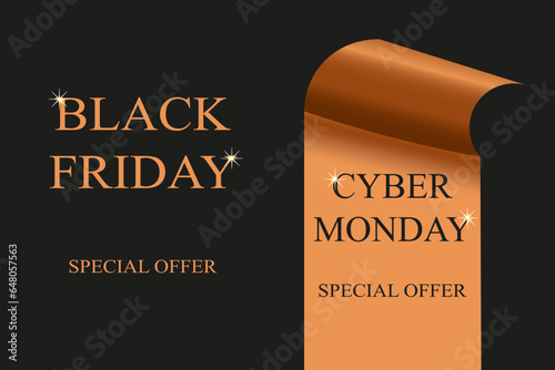 Template for trendy Black Friday and Cyber Monday banner cover with window paper. Horizontal Design of luxury Black friday poster with spotlight. Advertising concept. Vector illustration.