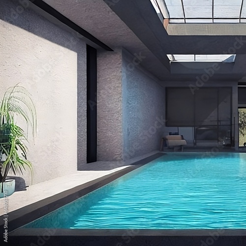 rechteckiger Pool mit blauem Wasser in modernem urbanen Haus