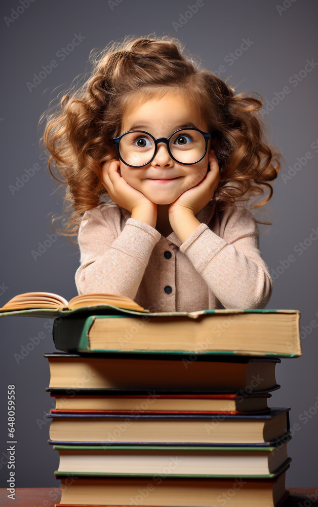 A small child with big glasses reads behind a stack of books, studio photo, gray background A small child with big glasses reads behind a stack of books, studio photo, gray background