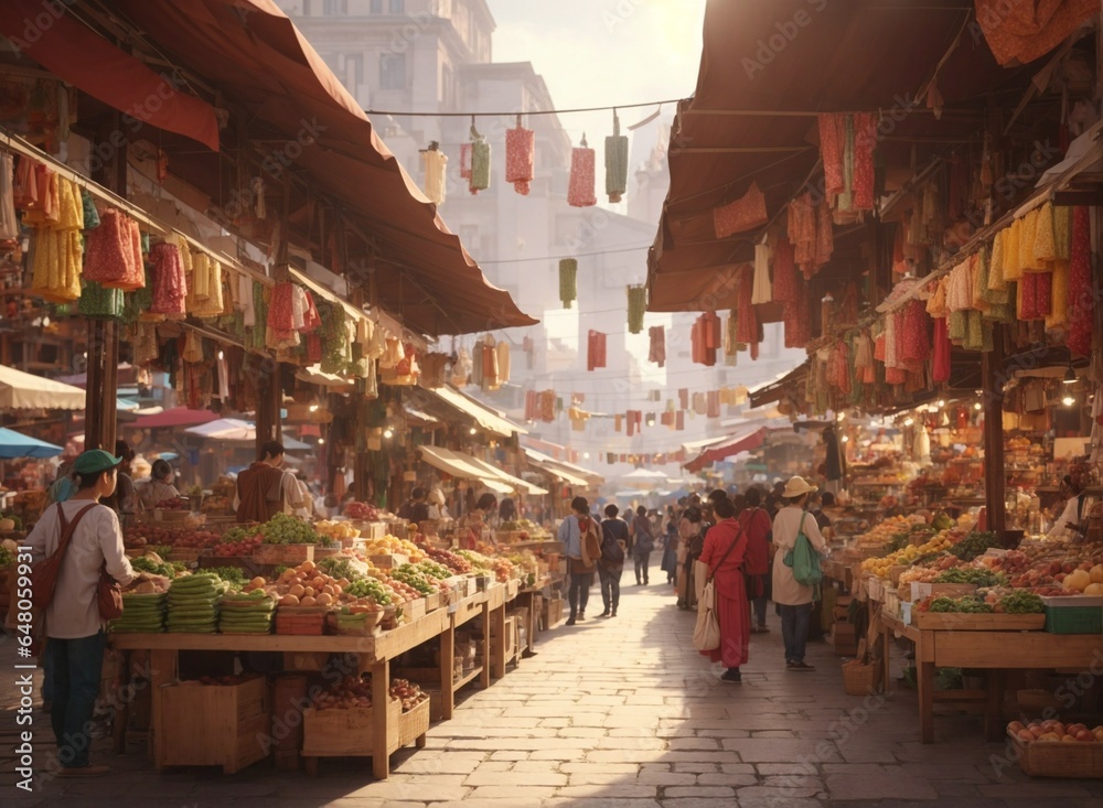 Panorama of a bustling agricultural market with stalls crowded with buyers and sellers