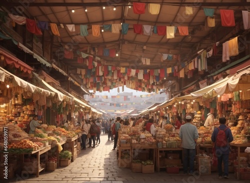 Panorama of a bustling agricultural market with stalls crowded with buyers and sellers