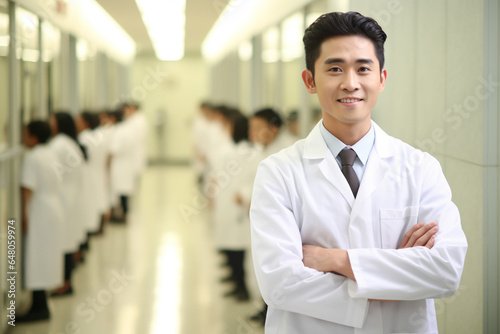 Portrait of smiling young asian male doctor standing with arms crossed in hospital corridor