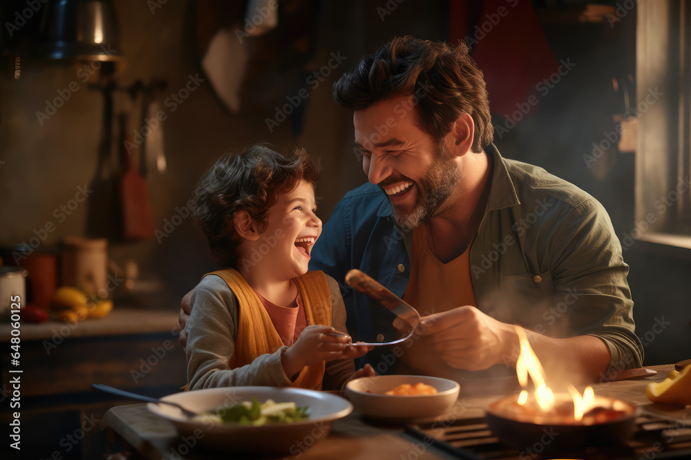 father and his child laughing together when they are cook a meal in the kitchen