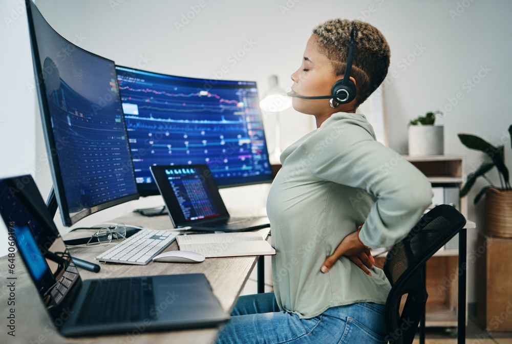Φωτογραφία Business woman, broker and back pain from injury, accident or posture on office desk at workplace