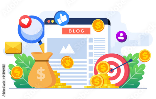 Blog monetization concept flat illustration vector template, Making money online, Website monetization, Analyzing blog content and generating income with ad placements and sponsor partnerships