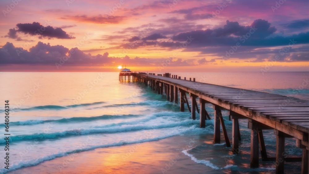 Long pier receding into sea with colorful sunset background.