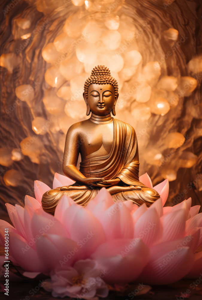glowing buddha statue in meditation pose with a big lotus