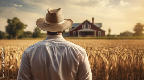 Adult american farmer man standing with back on wheat grass field wearing a hat