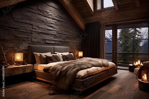 Interior design of a modern wooden chalet bedroom © Lucas