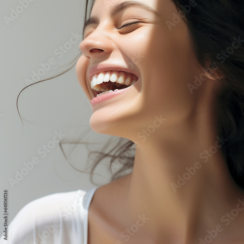 Happy smiling young beautiful woman, face close up. Perfect femele smile. AI generated.