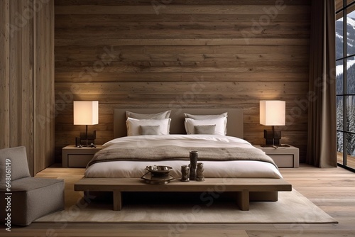 Interior design of a modern wooden chalet bedroom photo