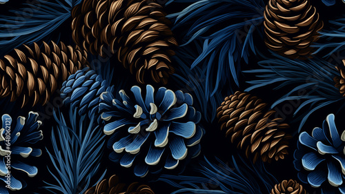 Christmas pattern with pine cones and fir branches on a dark background