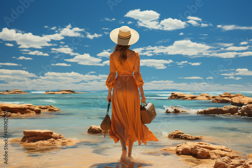 Summer travel concept  sea beach  sun and woman. Happy traveler beautiful woman with hat and dress relax in the nature  sea beach background. AI Generative
