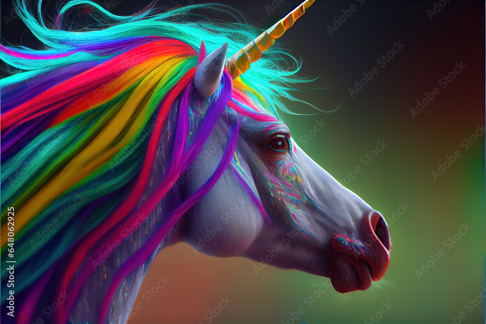 Realistic rainbow unicorn. AI generated.