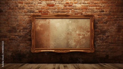 Produce an exquisite representation of an elegant blank frame against a rustic brick wall, showcasing timeless charm.