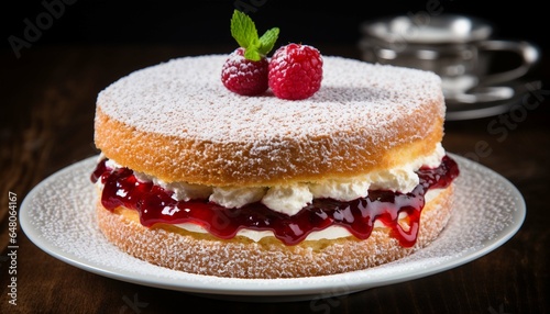 Victoria Sponge Cake  A classic British cake consisting of two layers of sponge cake with a layer of jam and whipped cream in between  dusted with powdered sugar  isolated on white background