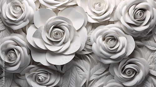 a large group of white roses with leaves on them are shown. generative ai