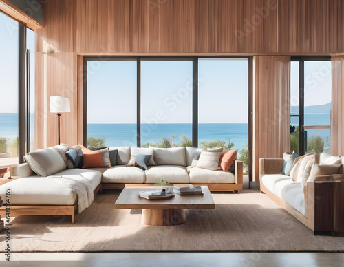 Interior of modern living room with sea view, sofa and coffee table © wannasak