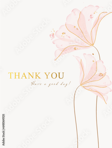 thank you card with luxury pink flower, gold and pink glitter design, suitable for greeting card, wallpaper, background design, wedding, invitation