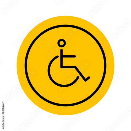 Man in a wheelchair. Symbol of a disabled person in a wheelchair. Round yellow sign for people with disabilities. Vector illustration in linear style