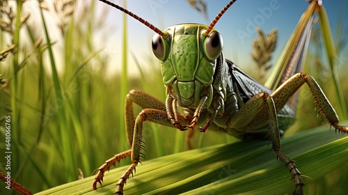  a close up of a grasshopper on a blade of grass. generative ai