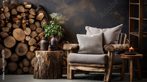 Rustic Wooden Armchair in Modern Farmhouse Interior © Fatih