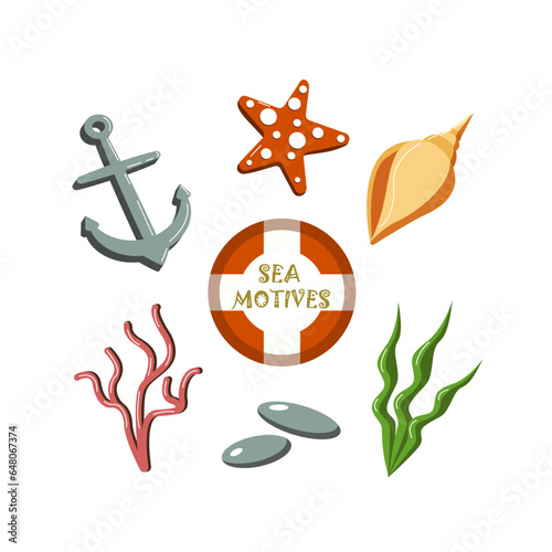 Marine plants and inhabitants mini set. Sea objects collection.