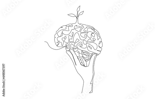 Continuous one line drawing of hand holding brain with young tree on top, personal development, growth mindset concept, single line art.
