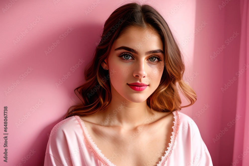 Young girl in pink pajamas standing against pink wall in the bedroom. Generative AI Young girl in pink pajamas standing against pink wall in the bedroom. Generative AI