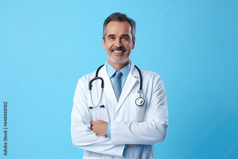 Portrait of smiling male doctor posing with folded arms on blue studio background, healthcare and medicine, Enthusiastic smiling doctor Portrait of smiling male doctor posing with folded arms on blue studio background, healthcare and medicine, Enthusiastic smiling doctor