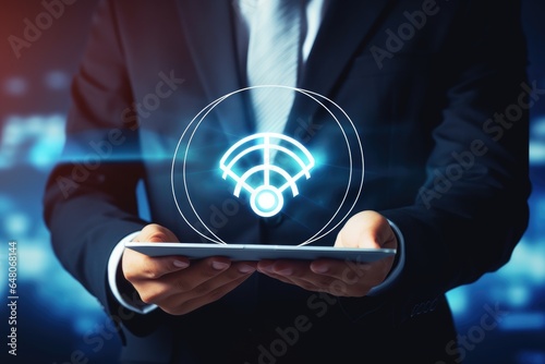 Businessman using tablet with hologram