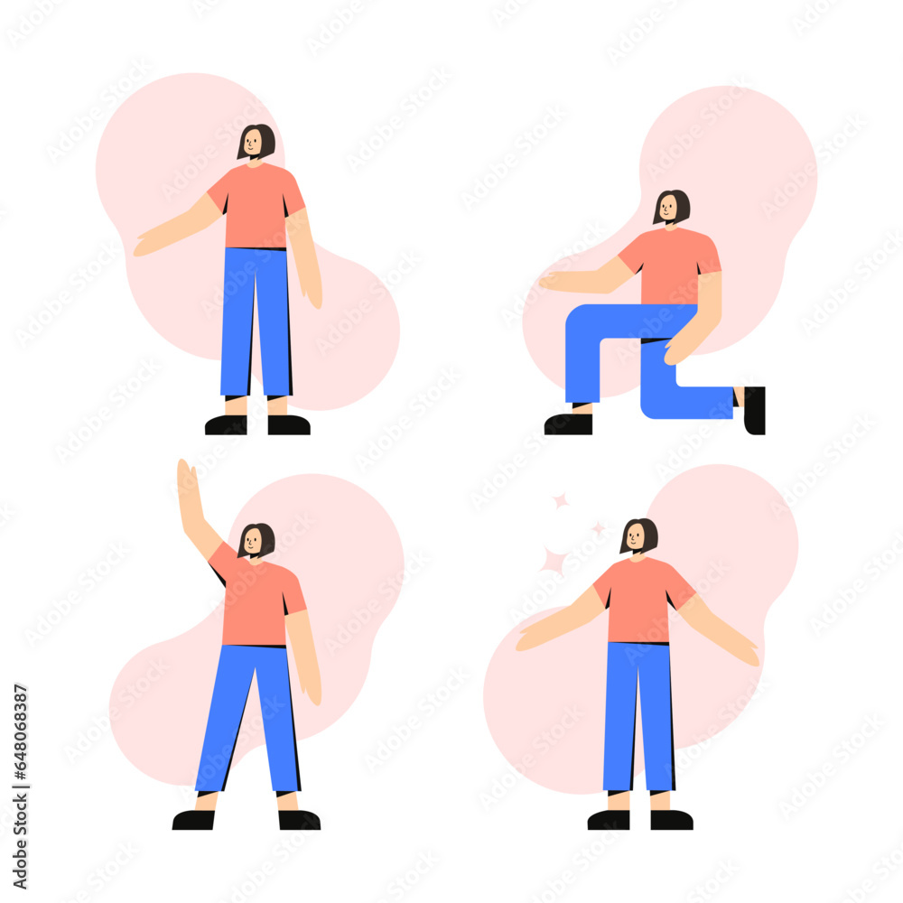 Flat girls set in different poses isolated on white background. Cute female character in pink T-shirt collection Flat girls set in different poses isolated on white background. Cute female character in pink T-shirt collection