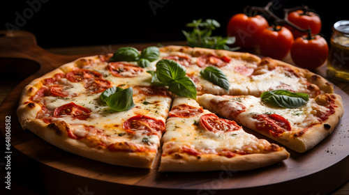 Italian cuisine. Delicious pizza decorated with basil on a wooden table