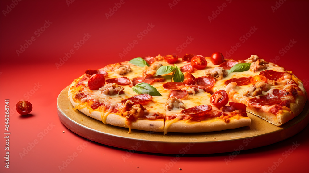 Traditional Italian pizza with salami, tomato and basil on a dark background