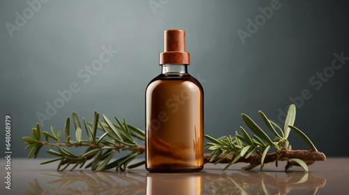 Reusable dark amber glass bottle for oil, cream, lotion or serum with leaves.