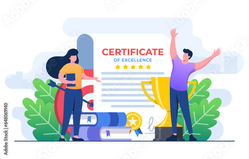 Characters successfully completing course, seminar, tutorial, diploma, academic, exam and getting certificate, University or college test, Prize and appreciation concept, Education, graduation