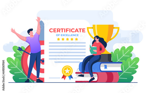Characters successfully completing course, seminar, tutorial, diploma, academic, exam and getting certificate, University or college test, Prize and appreciation concept, Education, graduation