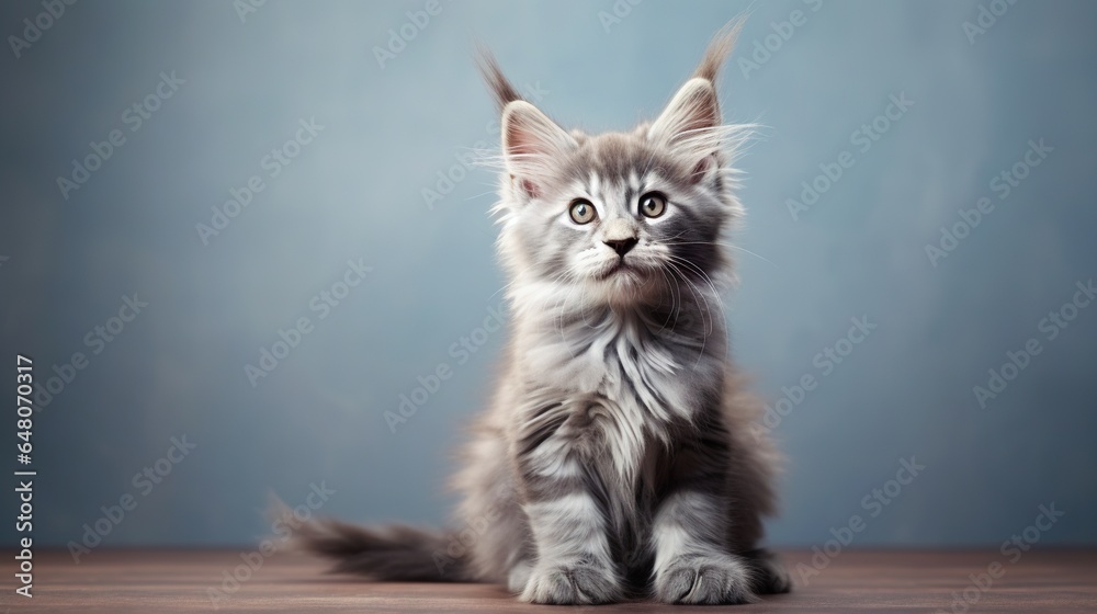  a small gray kitten sitting on top of a wooden table.  generative ai