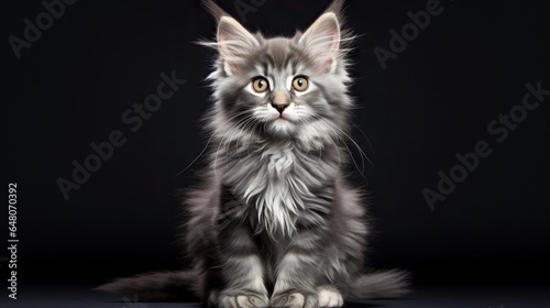  a small gray kitten sitting on a black background looking at the camera. generative ai