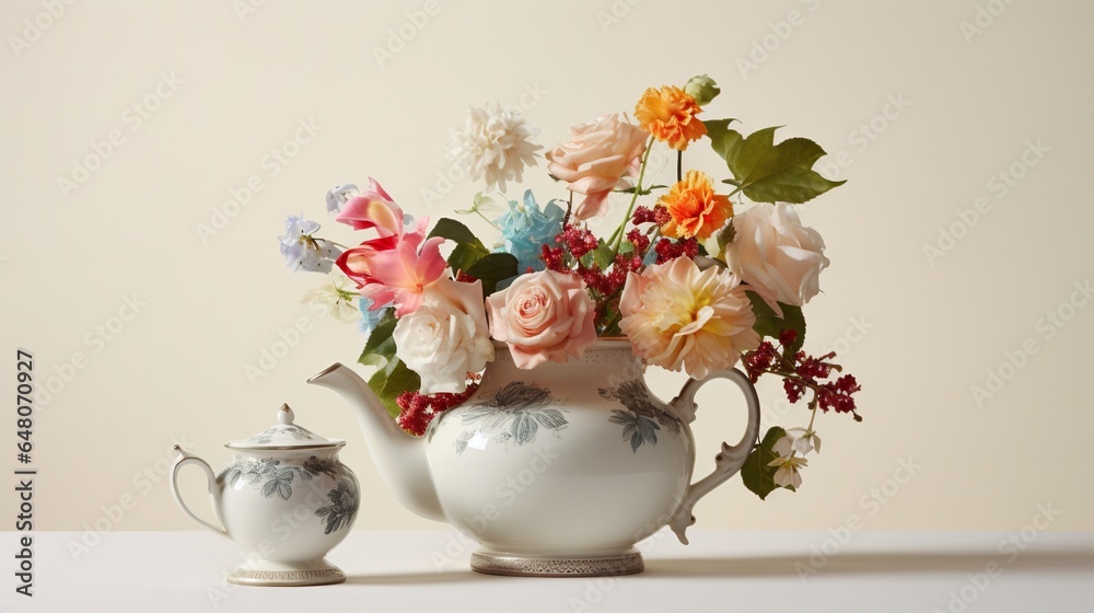 a white vase with flowers in it and a teapot. generative ai a white vase with flowers in it and a teapot. generative ai
