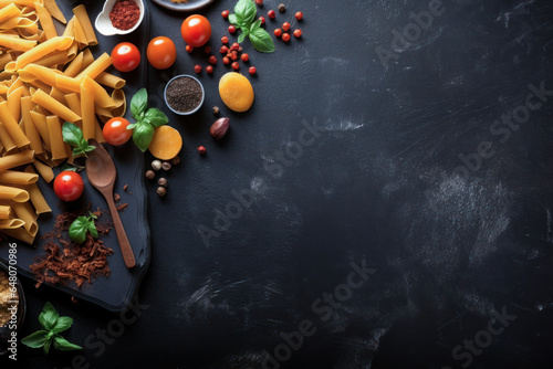 Food ingredients for delicious pasta, penne pasta, vegetables and spices on black stone slate background. Free space for text. Top view. Generative AI