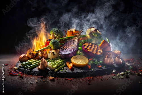 Assortment various of grilled vegetables on a black stone with smoke and flames. Generative AI