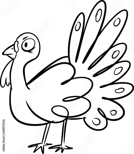 Vector drawing of turkey. Hand drawn, cartoon style,doodle, silhouette,contour,outline,black and white,sketch, art. Animal, bird, character, Thanksgiving day,symbol,sign, autumn,fall,feather,nature.