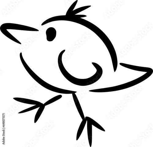 Vector drawing of bird. Hand drawn, cartoon style, black and white, isolated,contour, silhouette,outline,doodle, sketch. Cute,silly,character,emotion,animal,wings, big,small,fly,happy,wild,nature,kid.