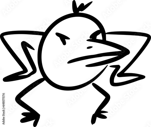 Vector drawing of bird. Hand drawn, cartoon style, black and white, isolated,contour, silhouette,outline,doodle, sketch. Cute,silly,character,emotion,animal,wings, big,small,fly,happy,wild,nature,kid.