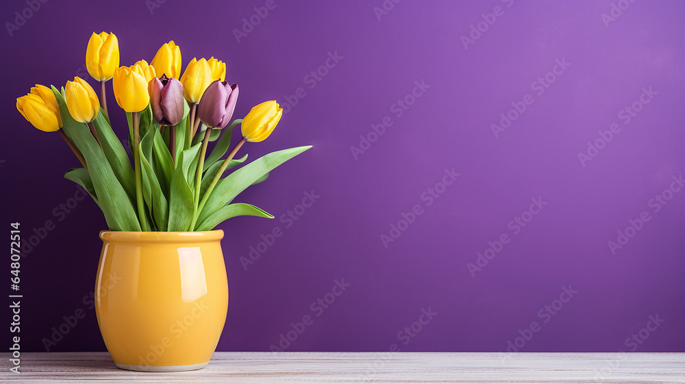 Beautiful tulip flowers in yellow pot can on purple background Beautiful tulip flowers in yellow pot can on purple background